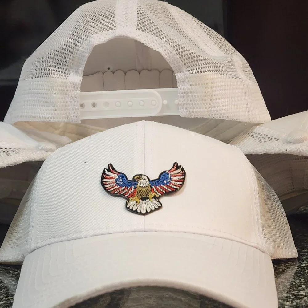 American Bald Eagle Flag Patched White Mesh Trucker Hat - Picture 2 of 4
